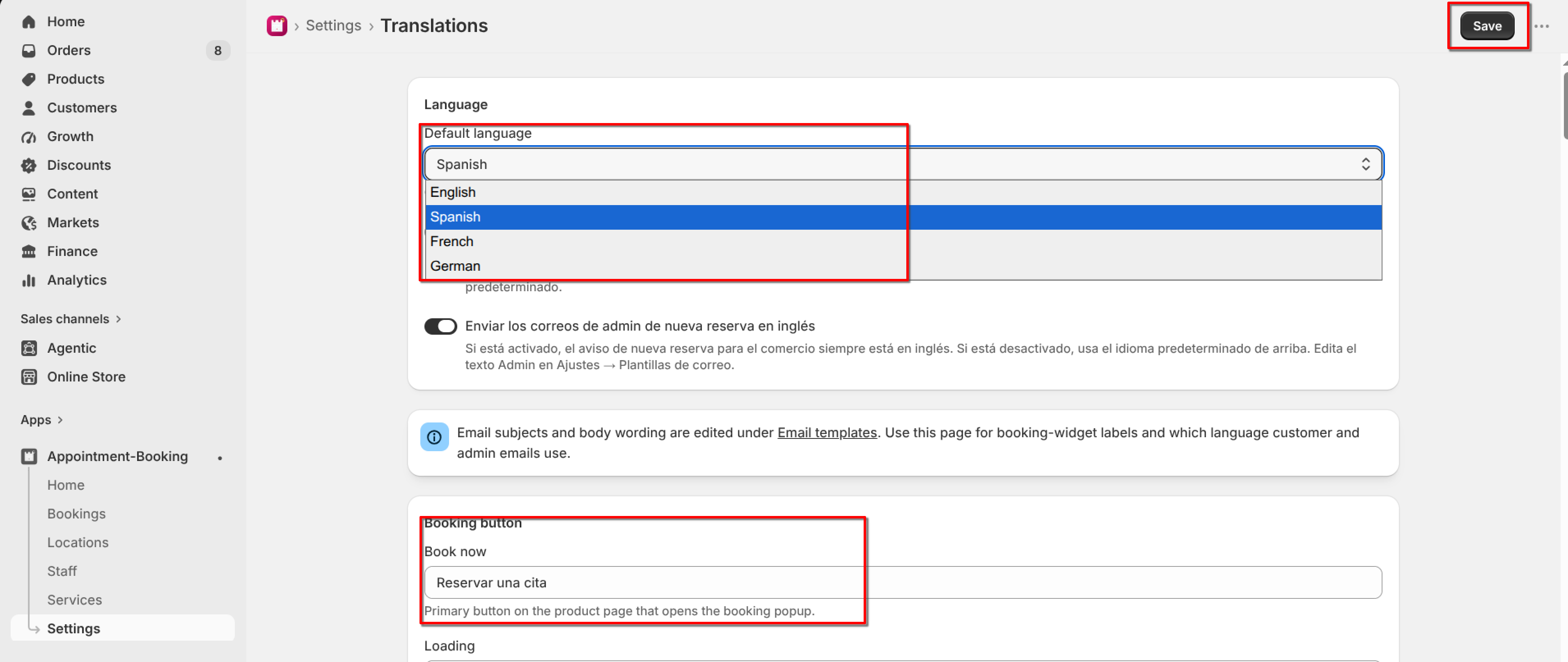 Translations page with the Default language dropdown expanded showing English, Spanish, French, and German, Spanish selected, and the Booking button label field highlighted